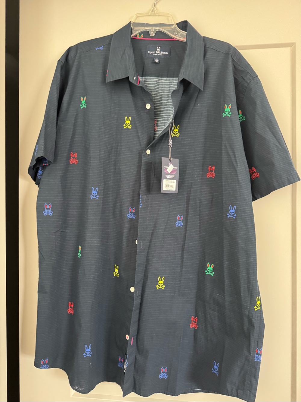 Psycho Bunny Navy Short-Sleeve Button-Down with Multicolor Embroidered Bunnies